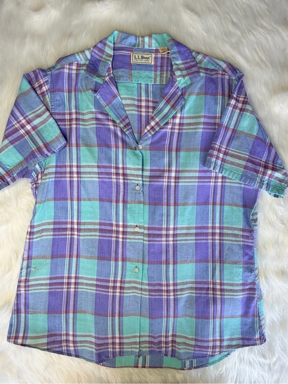 Vintage L.L. Bean Plaid Shirt Sz 18 Made in USA Purple Teal Short Sleeve